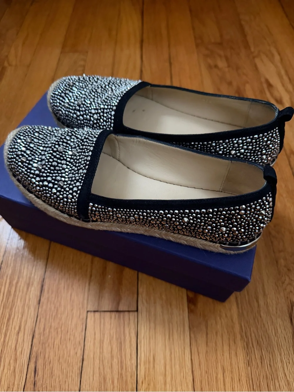 Stuart Weitzman Navy Crystal-Embellished Espadrille Flats